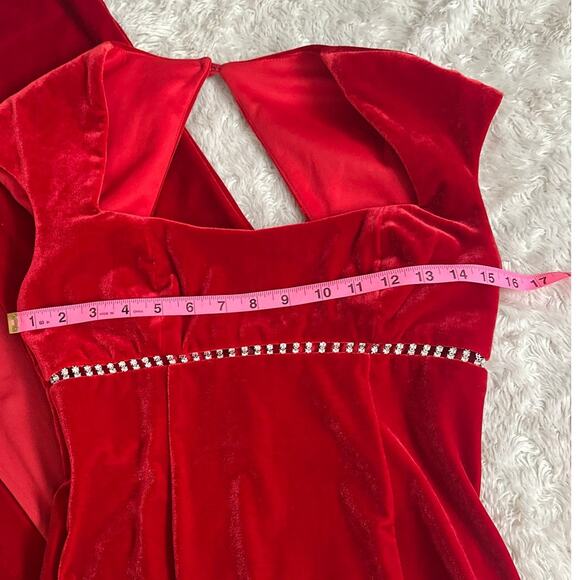 Vintage 90s Sz 4 Red Velvet Rhinestone Empire Waist Cap Sleeve Maxi Dress Gown - Picture 6 of 13